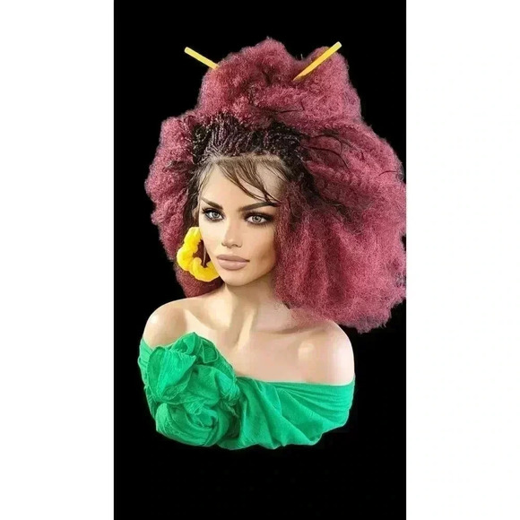 "Braided Wigs - 100% Handcrafted, Short Afro Style, Vibrant Red Color, NWT - Picture 2 of 15